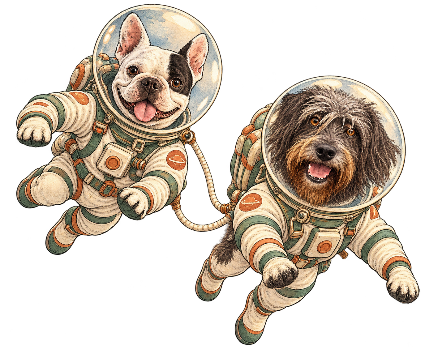 Henry and Peposa floating in retro spacesuits